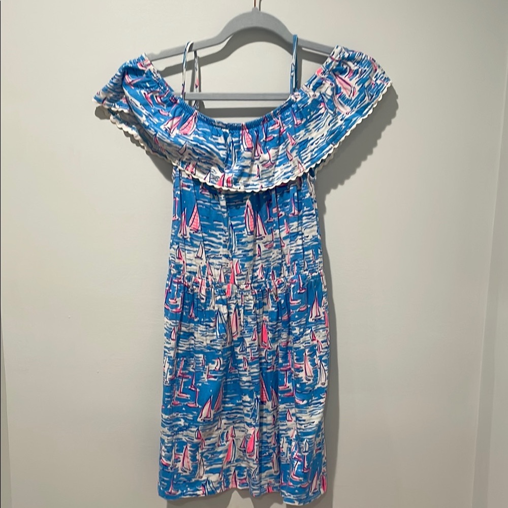 Off-Shoulder Blue and Pink Sailboat Dress